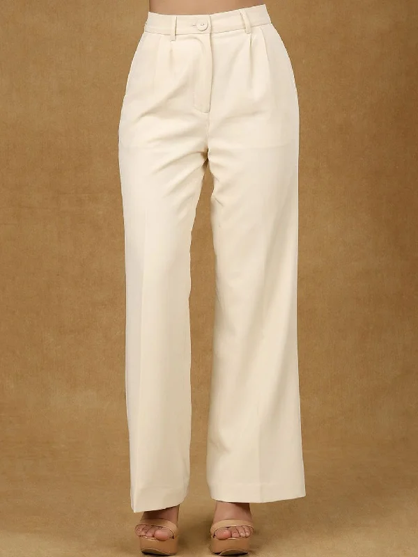 Ivory Pleated High Waist Wide Leg Trouser Trousers Gym Athletic