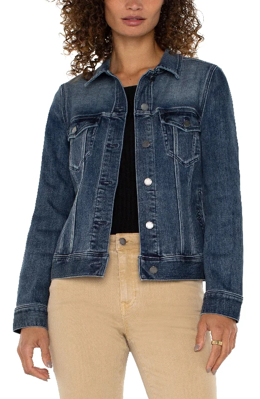 Liverpool Classic Blue Denim Jean Jacket w Pockets Denim Fabric Leather Fabric Suede Fabric