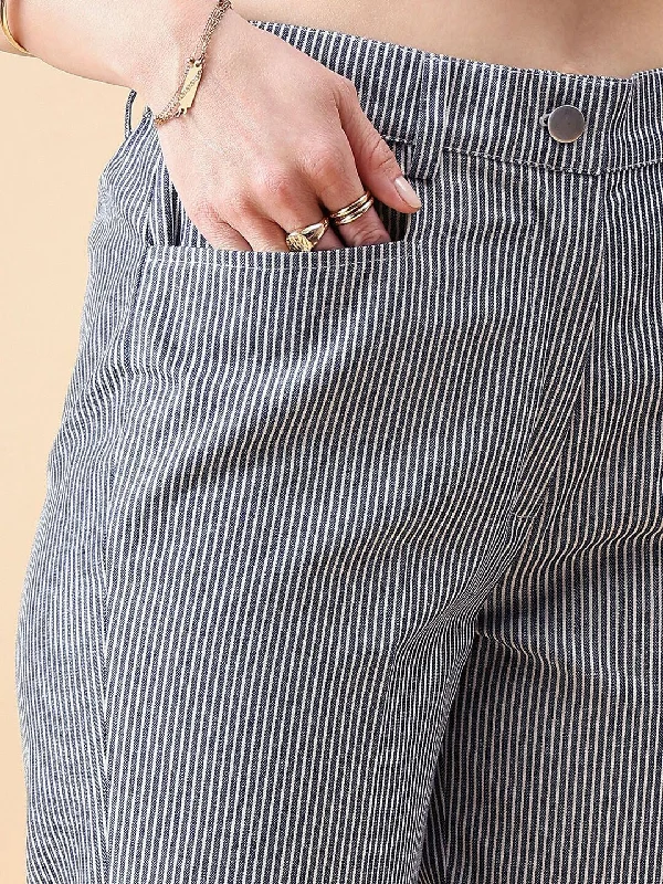 Denim Stripe Mid Waist Straight Trouser - Navy White Trousers Ceremony Elegant