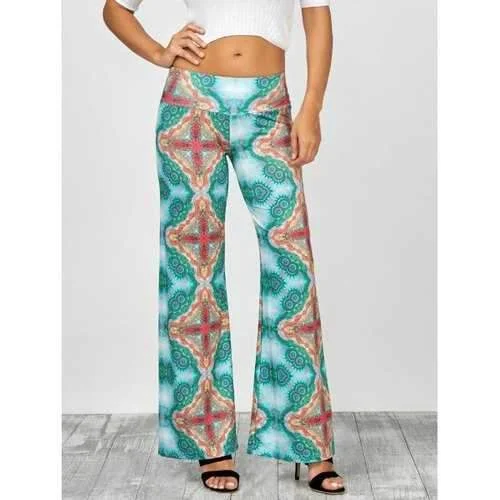 Cross Print Long Wide Leg Palazzo Pants - Green S Trendy High-Waist Trousers