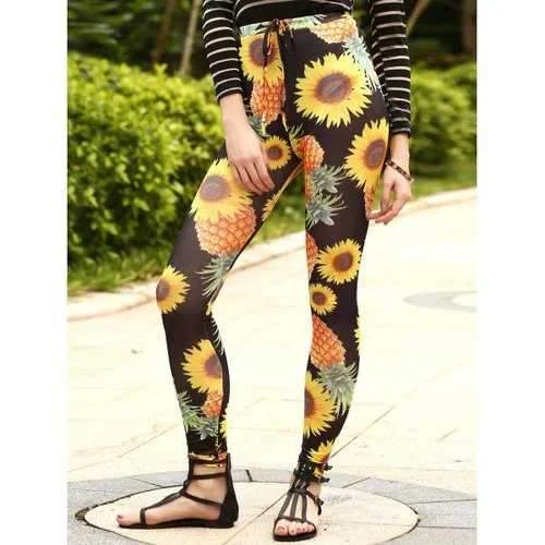 Stylish Drawstring Sun Flower Print Narrow Feet Pants For Women - Black Xl Classic Straight-Leg Pants