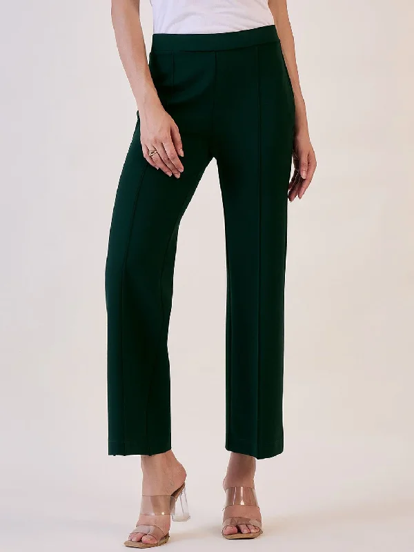 Straight Fit Mid Waist Stretch Trouser -Bottle Green Trousers Evening Elegant