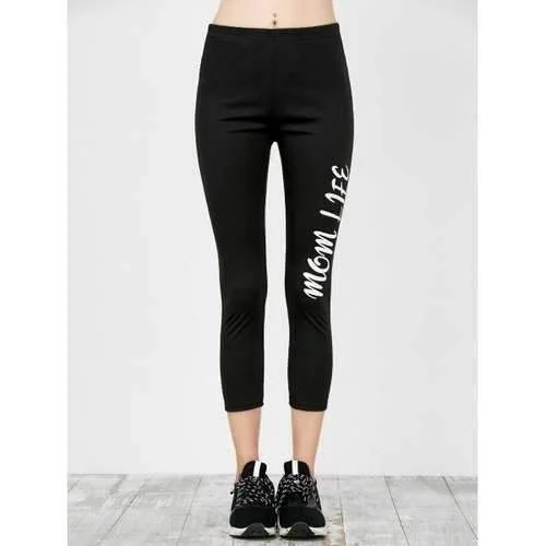 Skinny Letter Print Workout Capri Pants - Black S Trendy Printed Pants