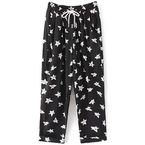 Trendy Pentagram Print Drawstring Pants For Women - Black S Elegant Wool Trousers