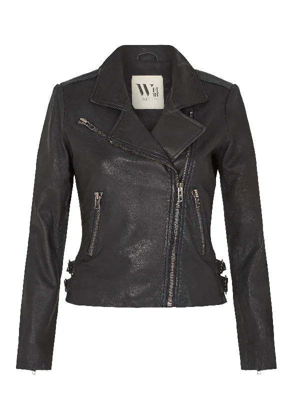 The New Yorker Motor Jacket Worn in Charcoal Leather Quilted Jacket Puffer Jacket Insulated Jacket