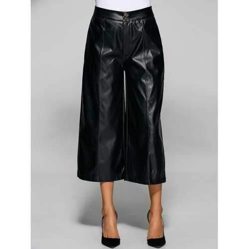 High Waisted Faxu Leather Crop Wide Leg Pants - Black S High-Waist Jeans