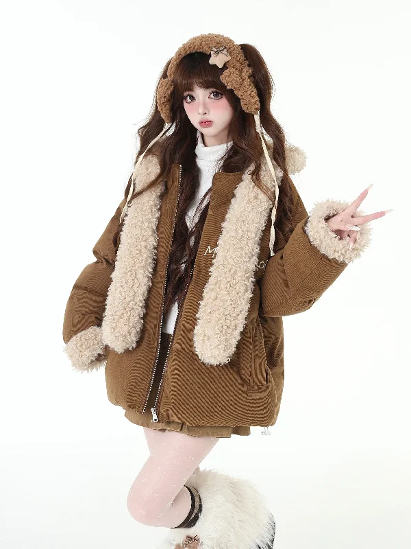 American Retro Sweet Corduroy Long Boa Hooded Thick Jacket CRA0095 Zippered Front Buttoned Front Snap Front