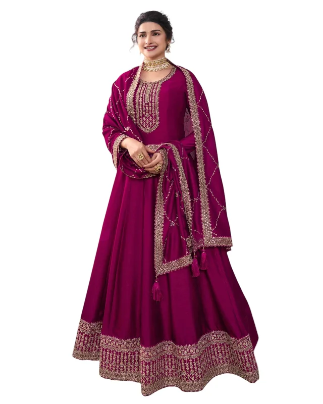 Cotton / Silky Magenta Pink Anarakali  Long Dress with Trousers - Size 14 (Bust 40") - Extra Margin inside - VF67742 TY 1024 Trousers Ceremony Elegant