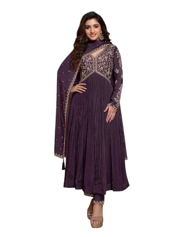 Chiffon - Purple Anarakali  Long Dress with Trousers - Size 14 (Bust 40") - Inside Margin to let out ( 3 to 4")VF66574 TY 1024 Trousers Office Stylish