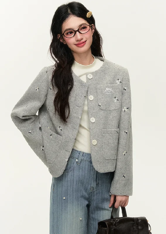 Lamb-wool blend pocket jacket with floral embroidery NTO0144 One-Shoulder Jacket Off-the-Shoulder Jacket Asymmetrical Jacket