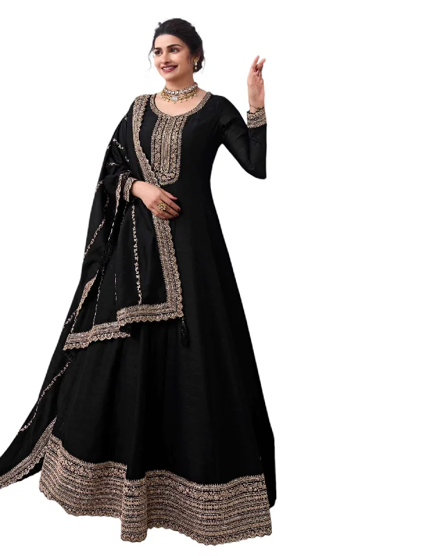 Cotton / Silky Black Anarakali  Long Dress with Trousers - Size 12 (Bust 38") - Extra Margin inside - VF67743 TY 1024 Trousers Occasion Special