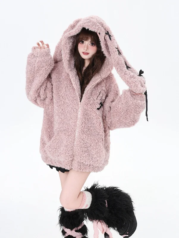 Rabbit Ears Loose Lamb Velvet Hooded Warm Zip Jacket CRA0088 Fleece Jacket Down Jacket Feather Jacket