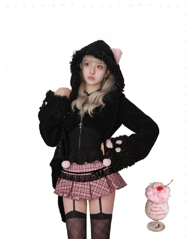 Kitten Short Lambswool Jacket/Petite Pleated Skirt/Black Lace Camisole SER0109 Faux Fur Jacket Real Fur Jacket Shearling Jacket