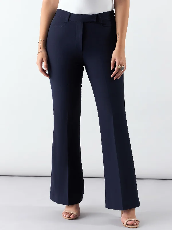 Women Navy High Waist Trouser In Stretchable Fabric Trousers Lace Delicate