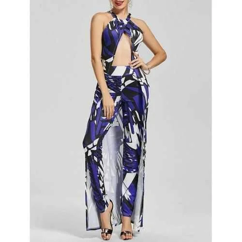 Geometric Print Halter Longline Top+Tight Pants - Blue M Lightweight Linen Pants