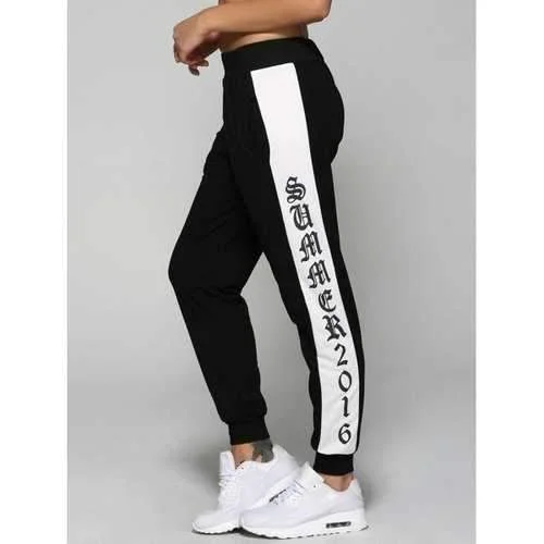 Color Block Sports Jogger Pants - Black L Fashionable Work Pants