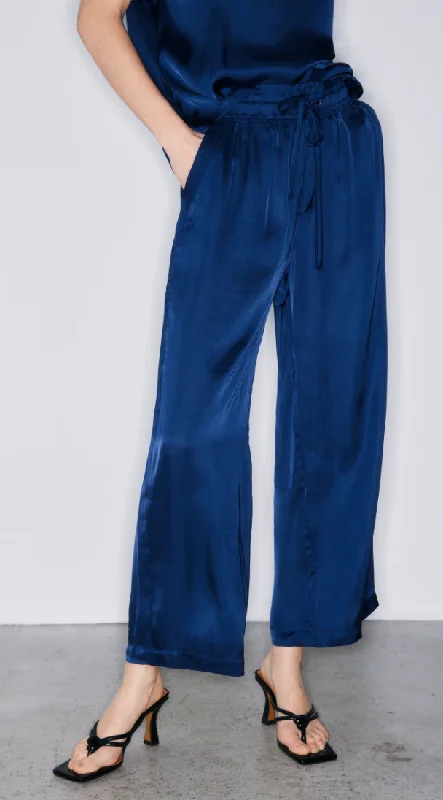 Melissa Nepton Satin Guacho Pant Bright Navy Fashionable Button-Up Pants