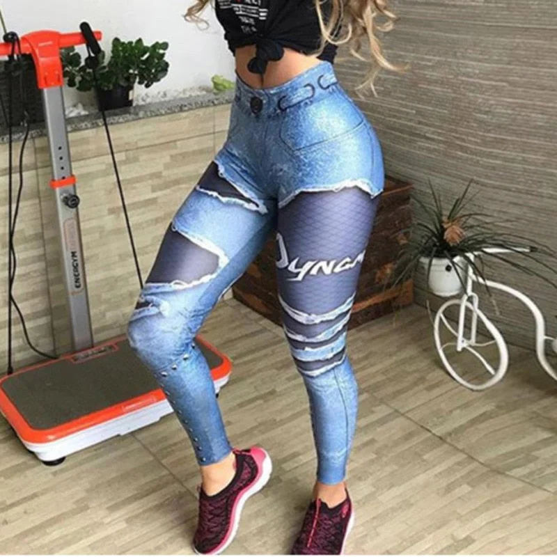 3D Printed Fake Denim Mesh Skinny Pants Stretch Fit Pants