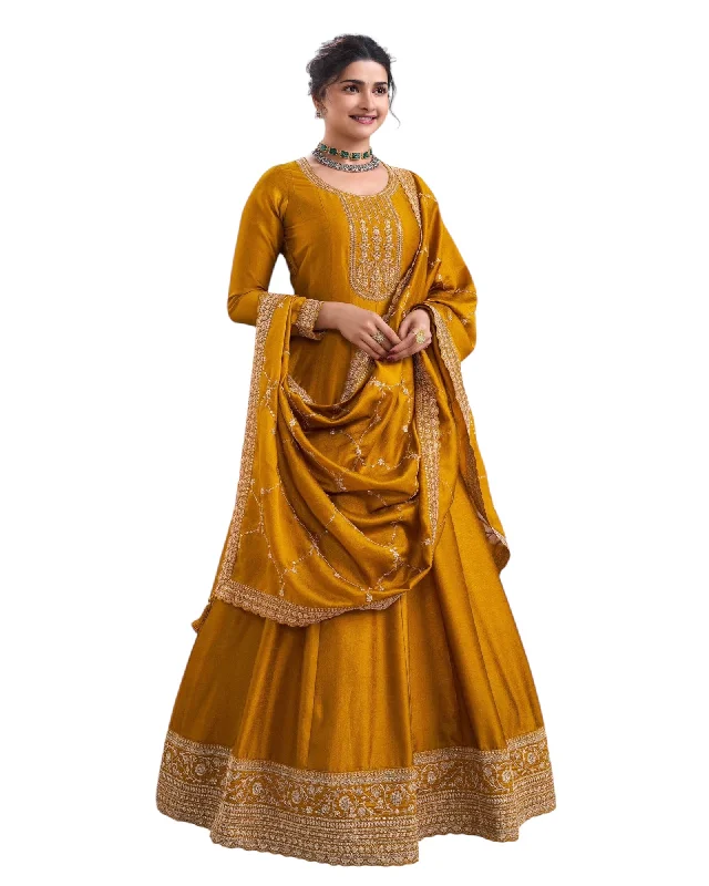 Cotton / Silky Mustard Haldi Yellow Anarakali  Long Dress with Trousers - Size 12 (Bust 38") - Extra Margin inside - VF67744 TY 1024 Trousers Seasonal Trendy