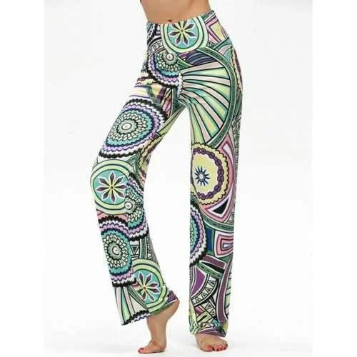 High Waisted Round Geometric Print Boho Pants - S Wide-Legged Palazzos