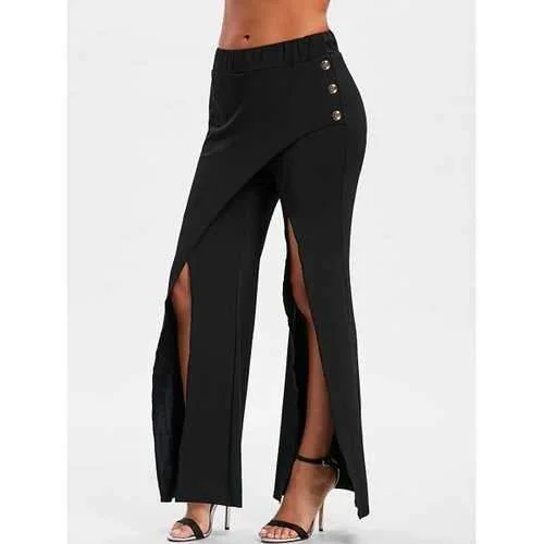 Asymmetric Overlap Slit Flare Pants - Black M Comfortable Denim Trousers