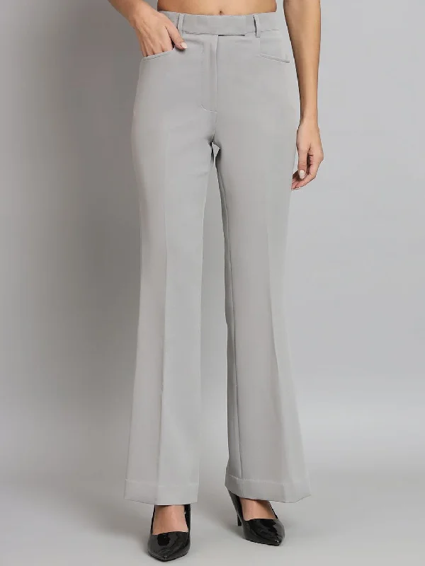 Mid Waist Bell Bottom Stretch Trouser - Grey Trousers Summer Linen