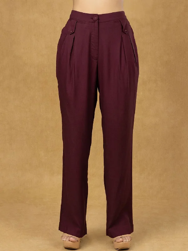 Burgundy Inverted Pleats High Waist  Trouser Trousers Leisure Comfortable