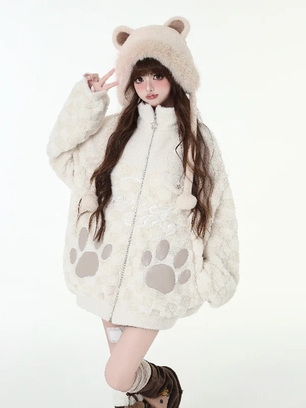 Paw Ball Design Stand Collar Loose Zip Jacket CRA0096 A-Line Jacket Boat Neck Shawl Collar