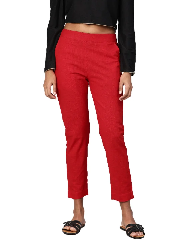 Women Red Straight Fit Solid Regular Trousers Trousers chic elegant