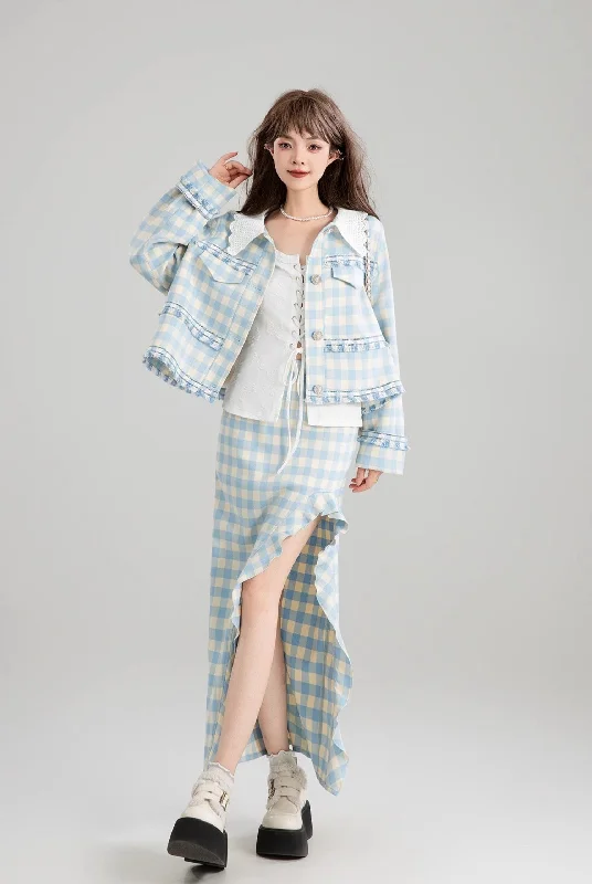 Blue And White Plaid French Short Jacket/Slit Skirt KEI0169 Chenille Jacket Brocade Jacket Lace Jacket