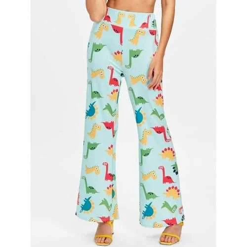 Cartoon Dinosaur Printed Wide Leg Pants - S Casual Plaid Pants