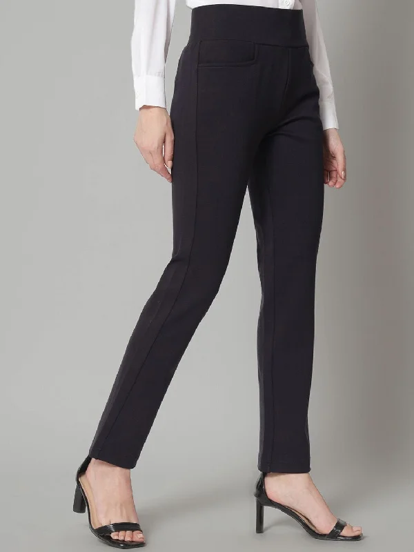 Mid Waist Stretch Tapered Fit Trouser - Navy Blue Trousers chic fashionable