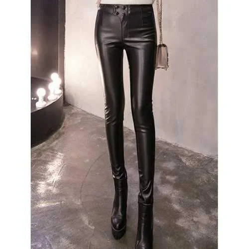 Fleece Buttoned PU Leather Pencil Pants - Black L Trendy Palazzo Pants