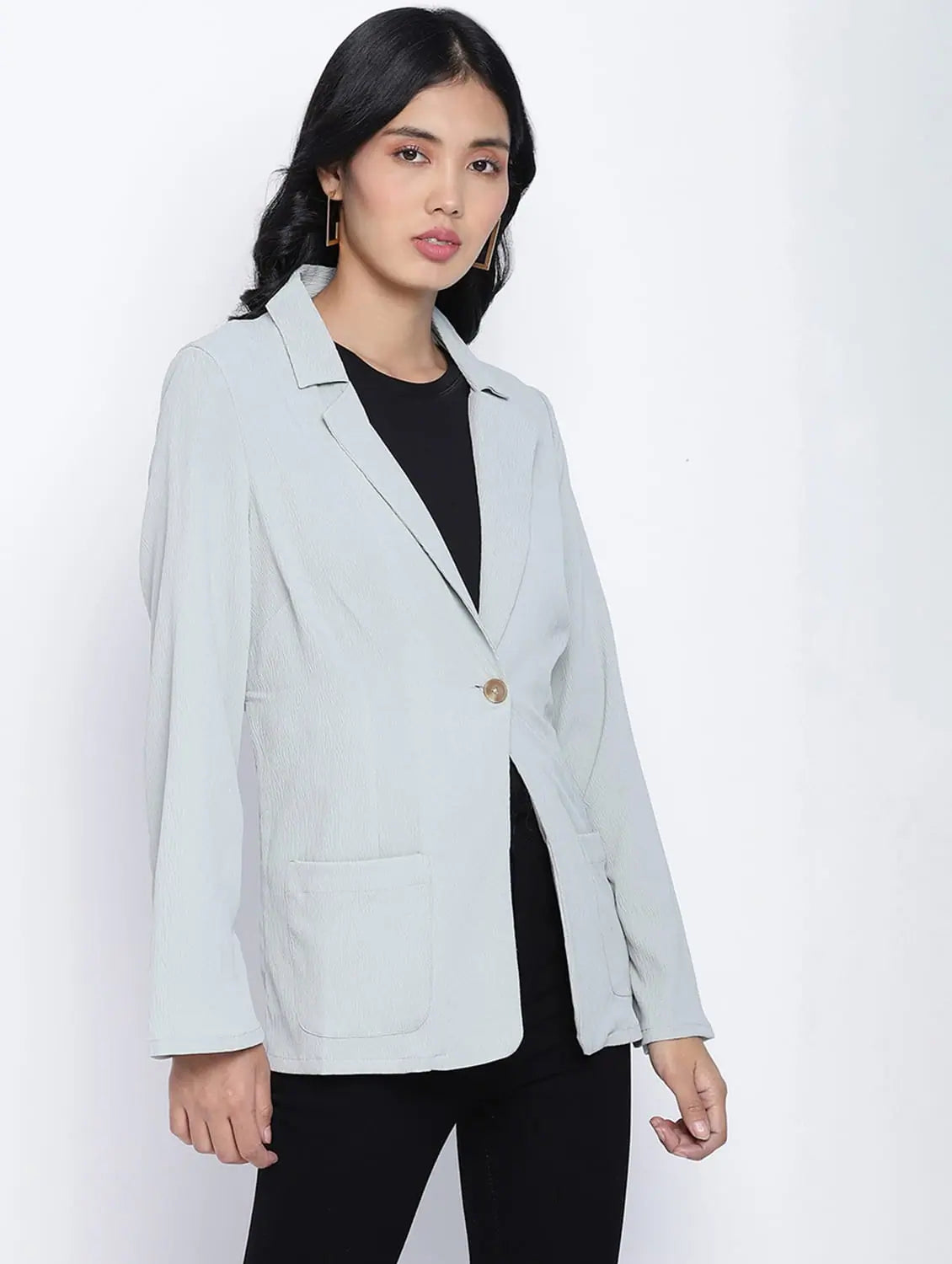 Hot Stuff Solid Sage Green Women Blazer Jacket Front Pockets Side Pockets Patch Pockets