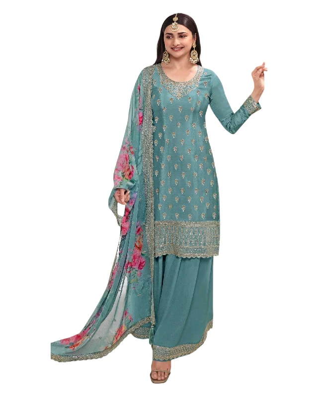 Light Blue - Simple / Classy Ladies Indian Palazzo Trousers Suit with Printed Dupatta - Size 20 (46") - VF67834 TK1024 Trousers Running Lightweight