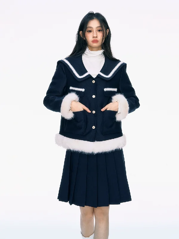 Navy Blue Large Collar Fur Cotton Jacket/Pleated Skirt PUN0038 Belted Jacket Elasticated Jacket Padded Jacket