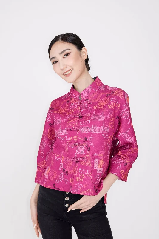 PRESLEY HK Print Reversible Oriental Jacket (Fuchsia/ Navy) Wool Jacket Cashmere Jacket Tweed Jacket