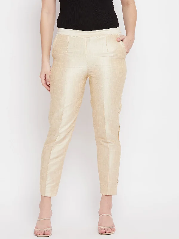 Women Light Fawn Solid Silk Trouser Trousers practical easy-care