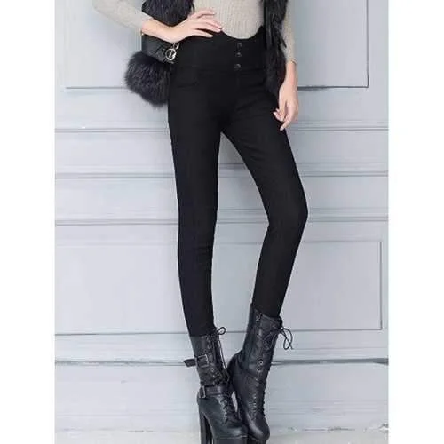 Buttoned High Waist Pencil Skinny Leg Work Pants - Black S Casual Track Pants