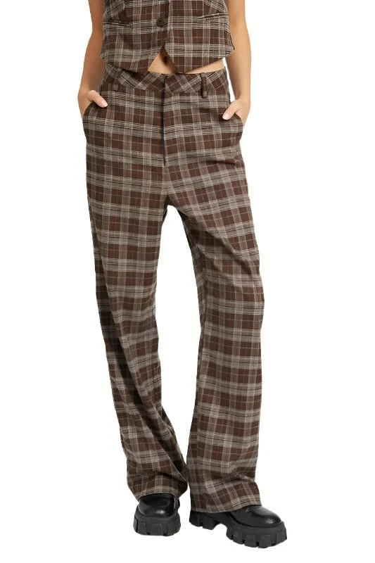 Womens Dark Brown Plaid High Waist Trouser Pants Trousers Spring Floral