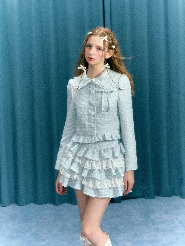 Baby Blue Bow Suit Short Jacket/Lace Cake Skirt NAR0043 Tailored Jacket Straight Jacket A-Line Jacket