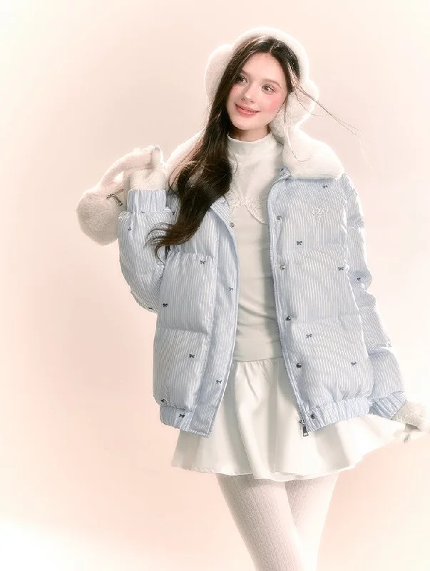 Ribbon Vertical Stripes Printed Thick Fur Collar Down Jacket QDQ0089 Nylon Jacket Polyester Jacket Spandex Jacket