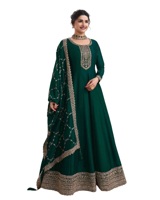 Cotton / Silky Bottle Green Anarakali  Long Dress with Trousers - Size 14 (Bust 40") - Extra Margin inside - VF67745 TY 1024 Trousers Bridal Satin