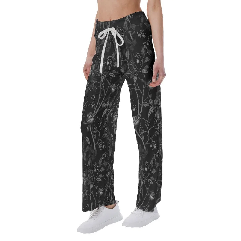 Women's Gothic Floral Black High-waisted Straight-leg Trousers Trousers Designer Luxury