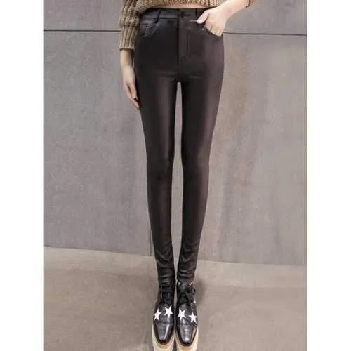 High Waist Flocking Faux Leather Pants - Black Xl Comfortable Fleece Pants