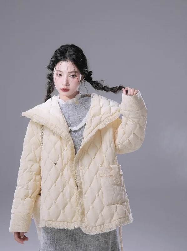 Cream Puff White Large Collar Down Jacket COT0170 Boat Neck Shawl Collar Notched Collar