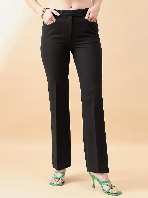 Bell Bottom Mid Waist  Stretch Trouser - BLACK Trousers Formal Black