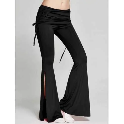 High Slit Flare Bell Bottom Yoga Pants - Black 2xl Elegant Trouser Pants