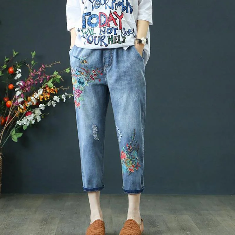 Embroidery Detailed Retro Drawstring Ripped Loose Denim Pants Cozy Lounge Pants