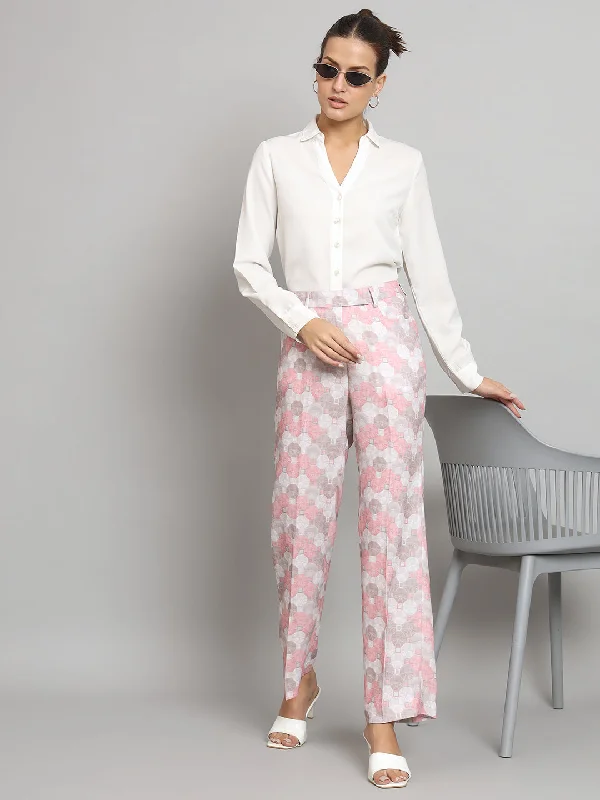 Mid Waist Printed Straight Fit Trouser- Pink Trousers Winter Warm